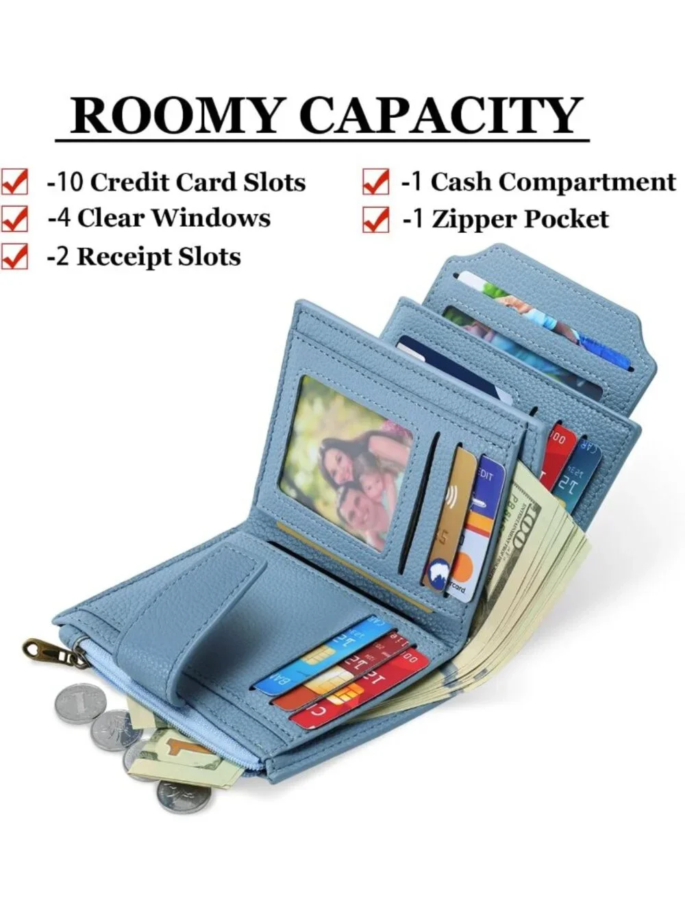 Compact RFID Blocking Leather Wallet for Women - Bifold Card Holder with Zipper
